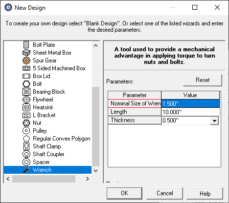 custom machined wrench creator menu in eMachineShop CAD