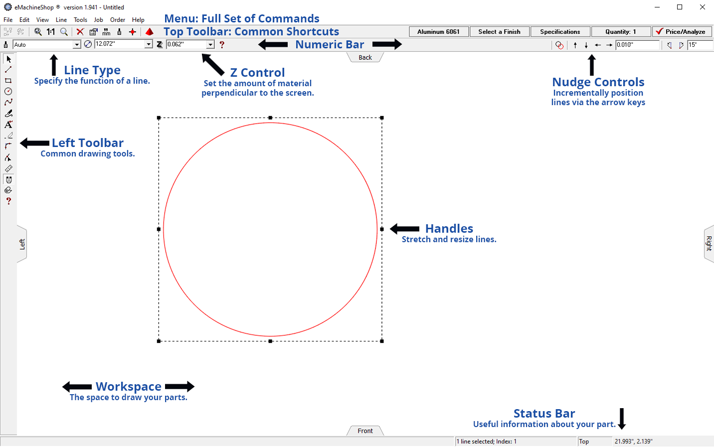 eMachineShop CAD workspace with labeled tools